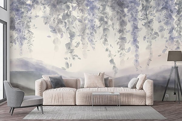 Peinture d'un paysage avec du brouillard et des feuilles Peinture d'un paysage avec du brouillard et des feuilles