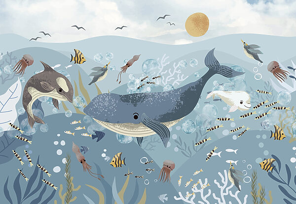 Groupe de poissons et de baleines nageant dans l'océan Groupe de poissons et de baleines nageant dans l'océan