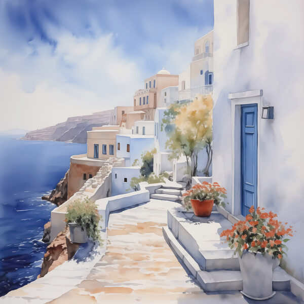Aquarelle d'un bâtiment blanc avec des portes bleues et des fleurs sur une falaise Aquarelle d'un bâtiment blanc avec des portes bleues et des fleurs sur une falaise