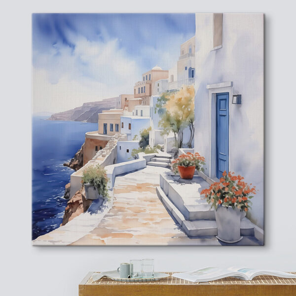 Aquarelle d'un bâtiment blanc avec des portes bleues et des fleurs sur une falaise Aquarelle d'un bâtiment blanc avec des portes bleues et des fleurs sur une falaise
