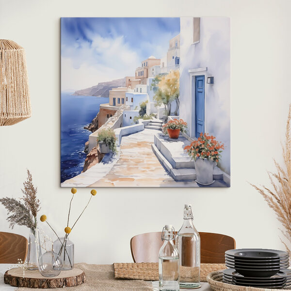 Aquarelle d'un bâtiment blanc avec des portes bleues et des fleurs sur une falaise Aquarelle d'un bâtiment blanc avec des portes bleues et des fleurs sur une falaise