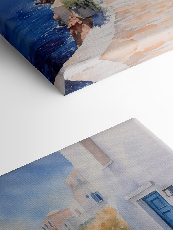 Aquarelle d'un bâtiment blanc avec des portes bleues et des fleurs sur une falaise Aquarelle d'un bâtiment blanc avec des portes bleues et des fleurs sur une falaise