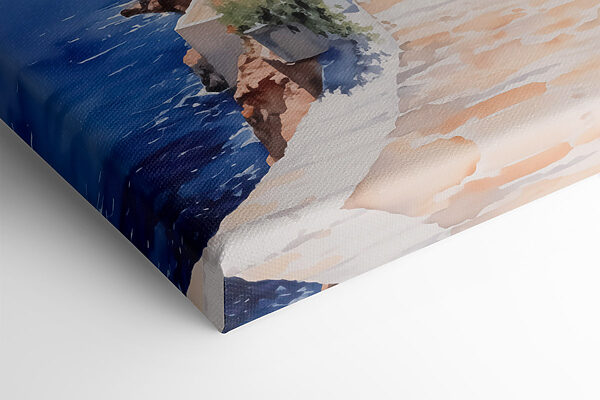 Aquarelle d'un bâtiment blanc avec des portes bleues et des fleurs sur une falaise Aquarelle d'un bâtiment blanc avec des portes bleues et des fleurs sur une falaise