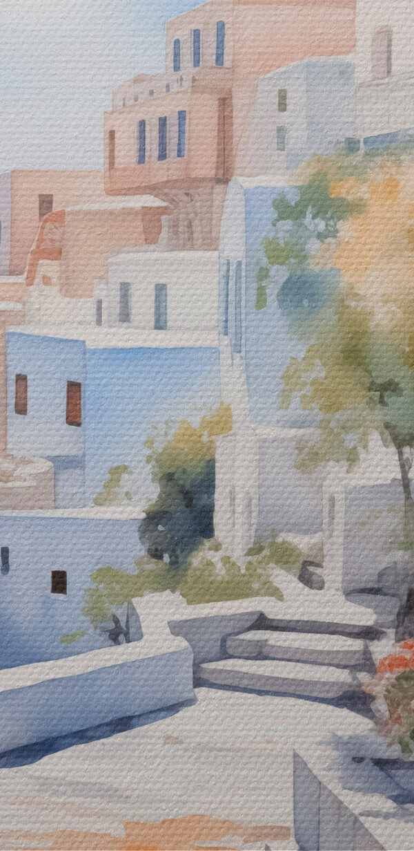 Aquarelle d'un bâtiment blanc avec des portes bleues et des fleurs sur une falaise Aquarelle d'un bâtiment blanc avec des portes bleues et des fleurs sur une falaise