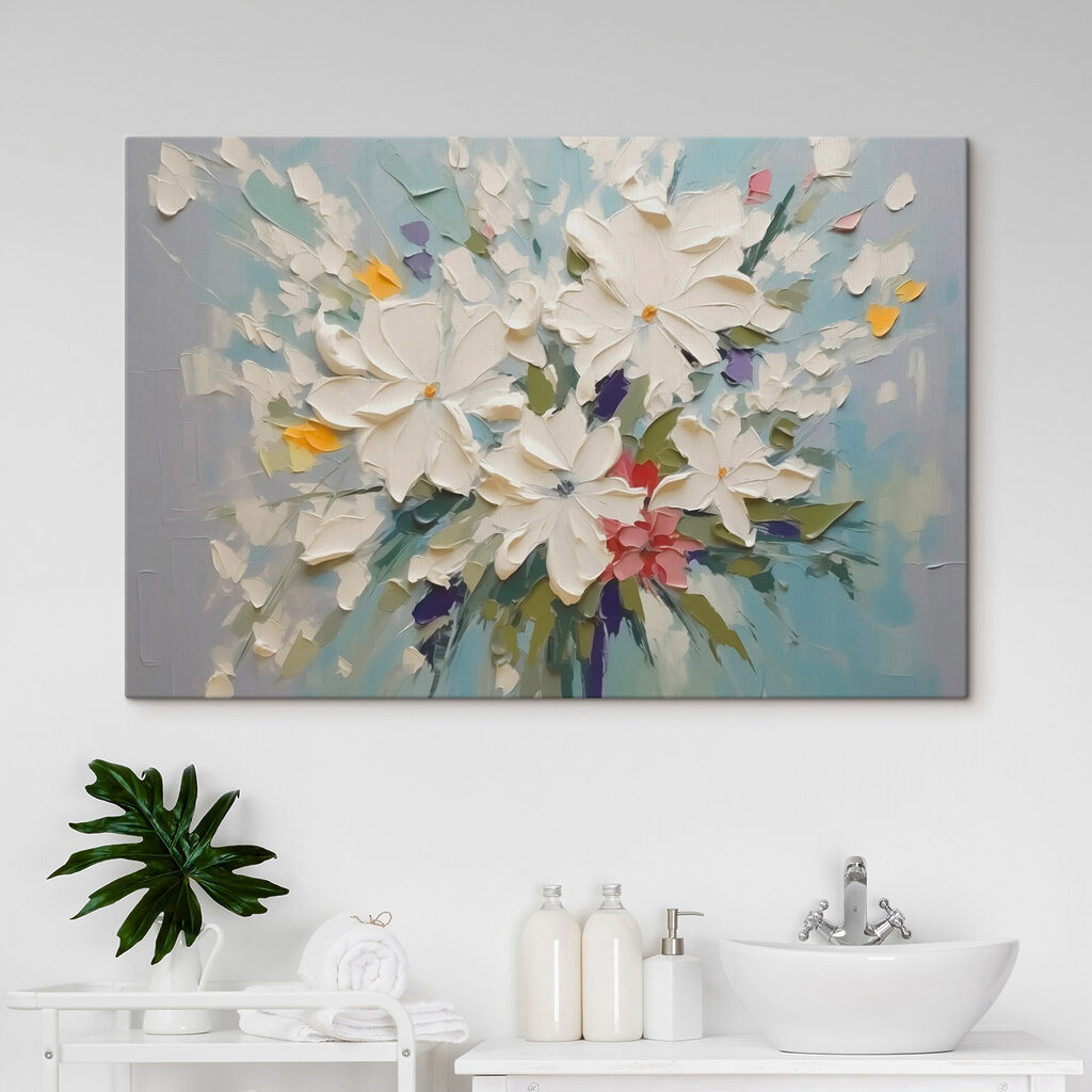 Painting of flowers on a blue surface
