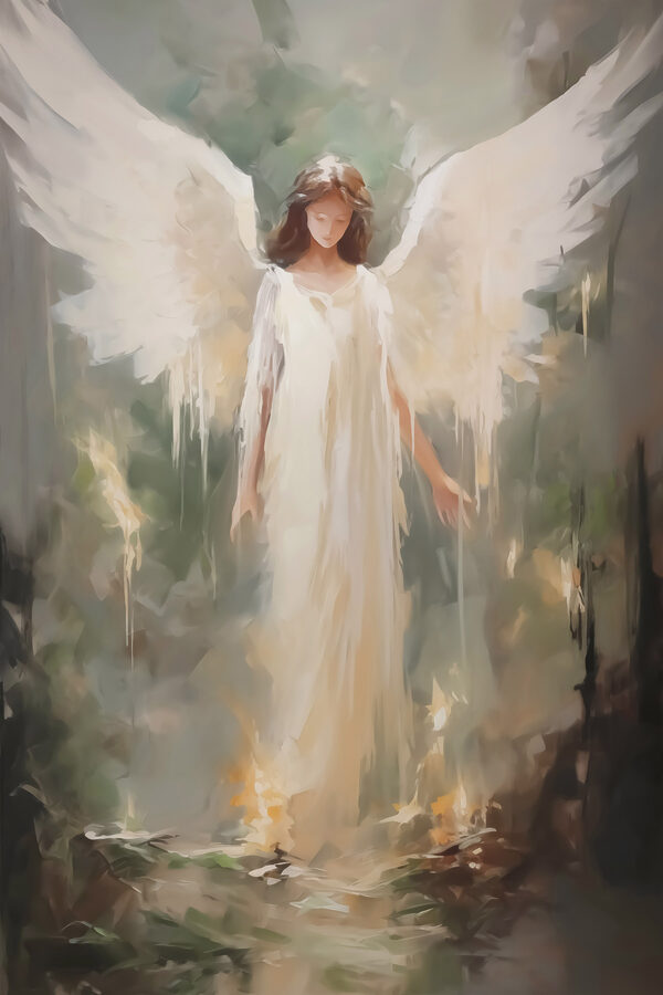 Peinture d'une femme en robe blanche avec des ailes Peinture d'une femme en robe blanche avec des ailes