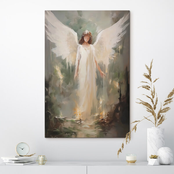 Peinture d'une femme en robe blanche avec des ailes Peinture d'une femme en robe blanche avec des ailes