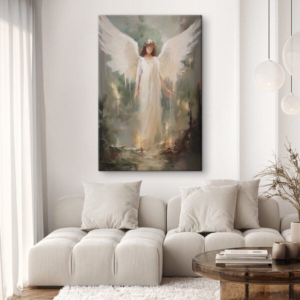 Peinture d'une femme en robe blanche avec des ailes Peinture d'une femme en robe blanche avec des ailes