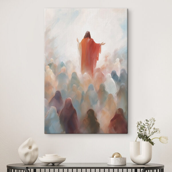 Peinture d'un homme en robe rouge entouré d'un groupe de personnes Peinture d'un homme en robe rouge entouré d'un groupe de personnes