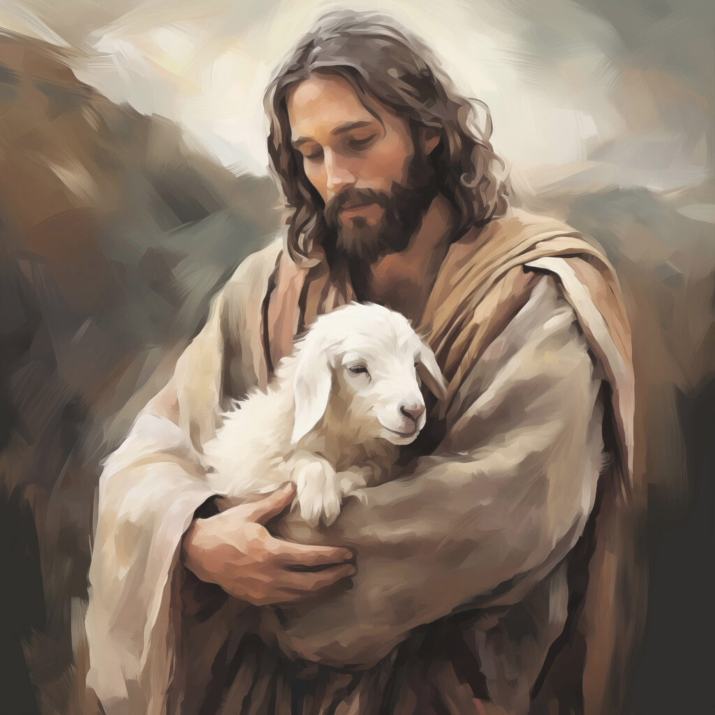 Painting of a man holding a lamb