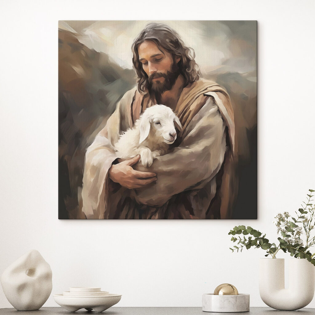 Painting of a man holding a lamb