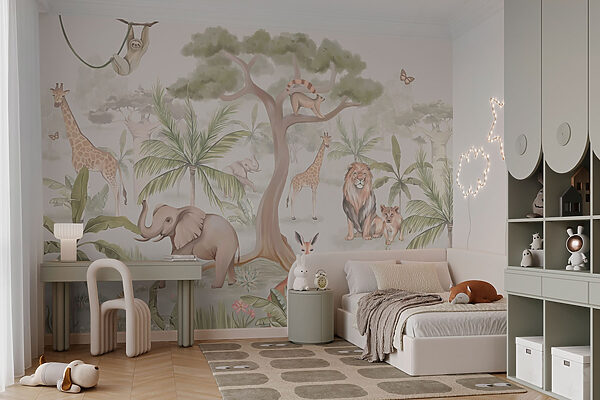 Papier peint avec des animaux et des arbres Papier peint avec des animaux et des arbres