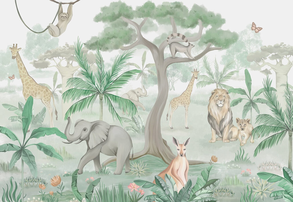 Papier peint avec des animaux et des arbres Papier peint avec des animaux et des arbres