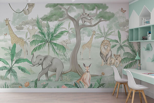 Papier peint avec des animaux et des arbres Papier peint avec des animaux et des arbres