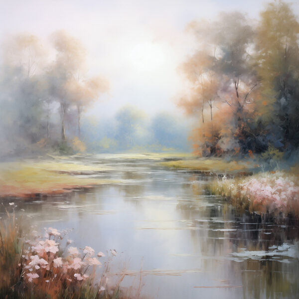 Peinture d'une rivière avec des arbres et de l'herbe Peinture d'une rivière avec des arbres et de l'herbe