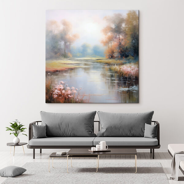 Peinture d'une rivière avec des arbres et de l'herbe Peinture d'une rivière avec des arbres et de l'herbe