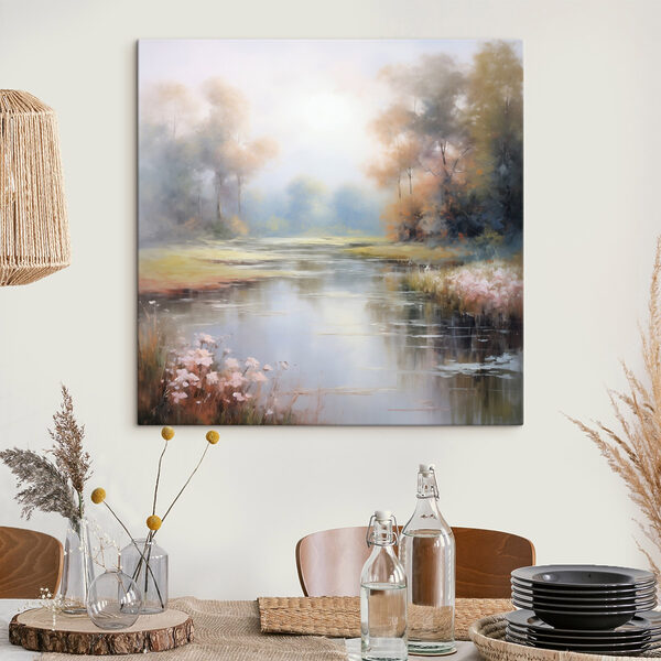 Peinture d'une rivière avec des arbres et de l'herbe Peinture d'une rivière avec des arbres et de l'herbe