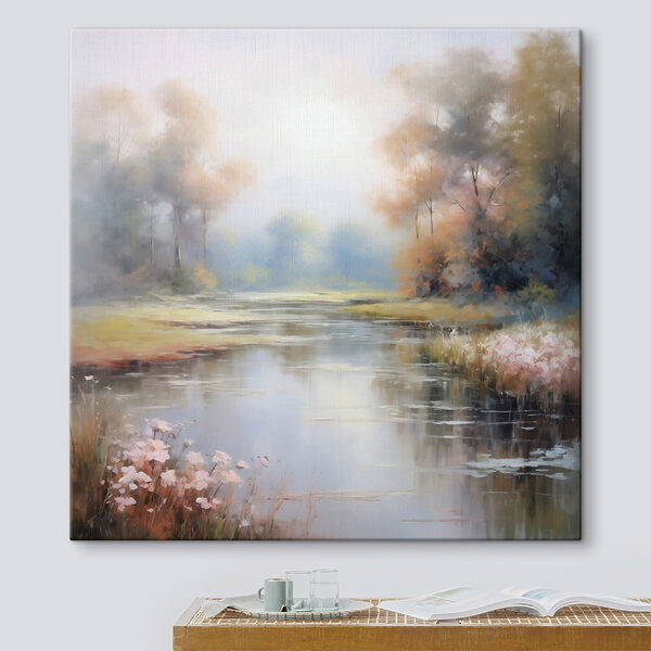 Peinture d'une rivière avec des arbres et de l'herbe Peinture d'une rivière avec des arbres et de l'herbe