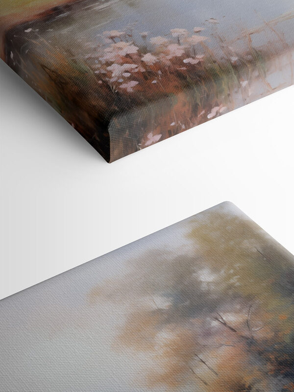 Peinture d'une rivière avec des arbres et de l'herbe Peinture d'une rivière avec des arbres et de l'herbe