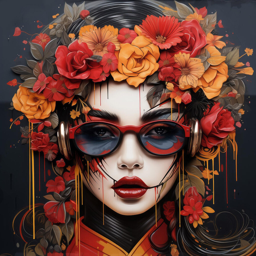 Woman with flowers in her hair and glasses