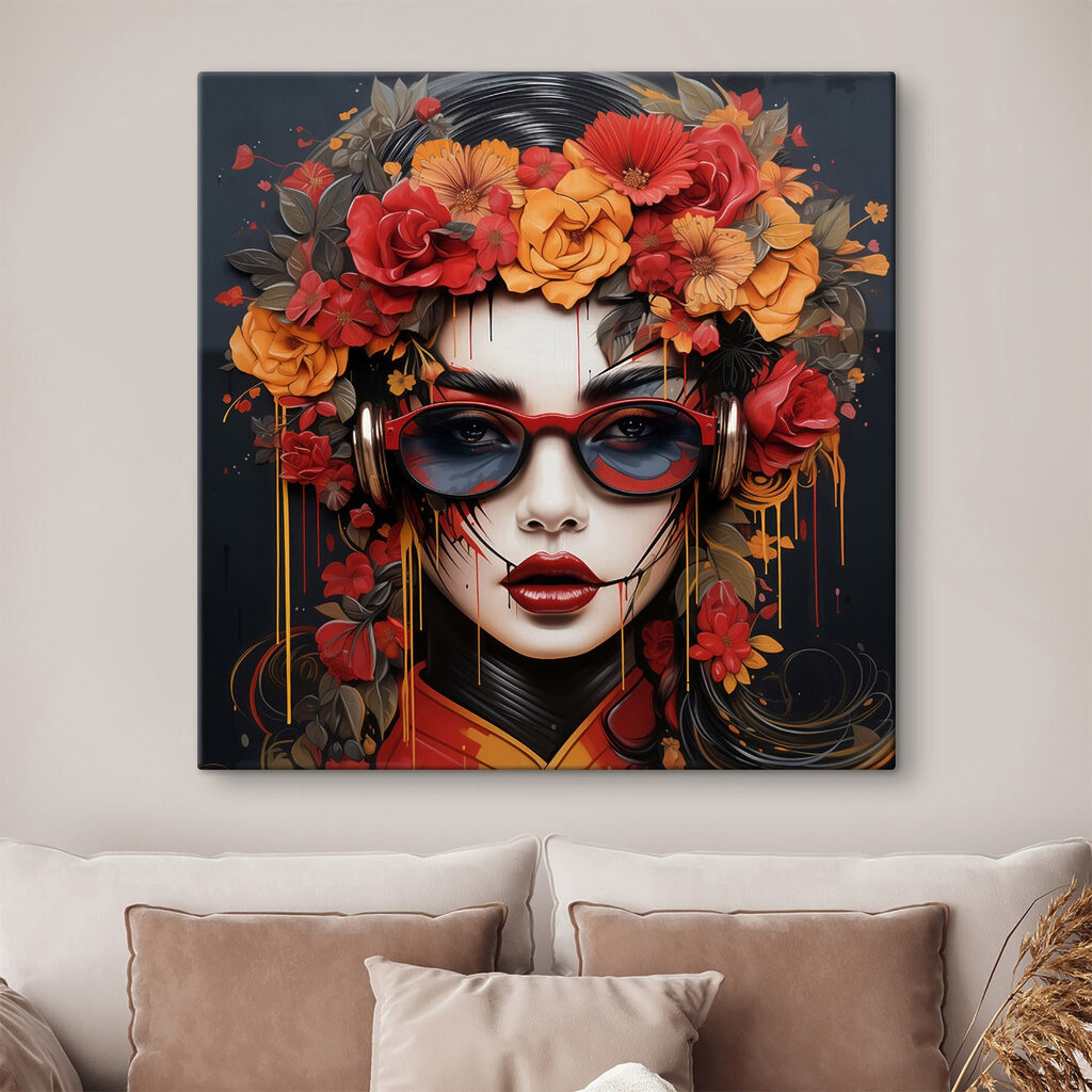 Woman with flowers in her hair and glasses