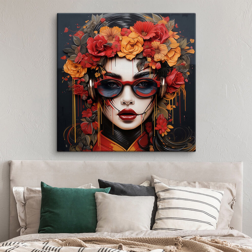 Woman with flowers in her hair and glasses