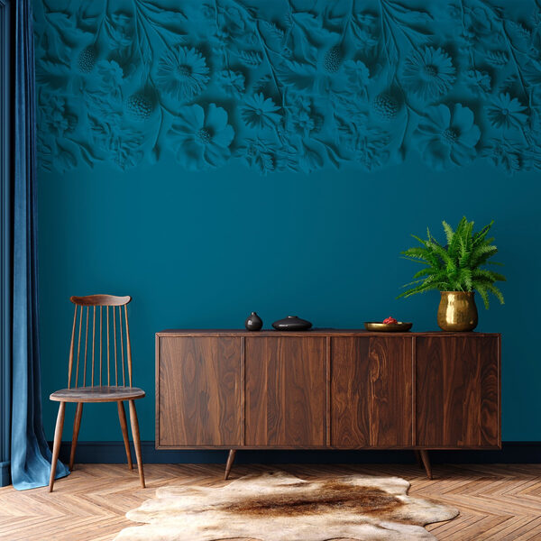 Fond bleu avec des fleurs et des feuilles Fond bleu avec des fleurs et des feuilles