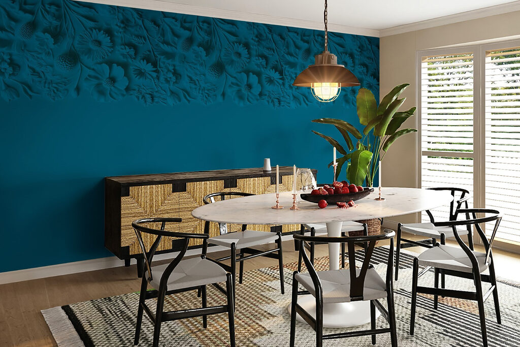 Blue background with flowers and leaves