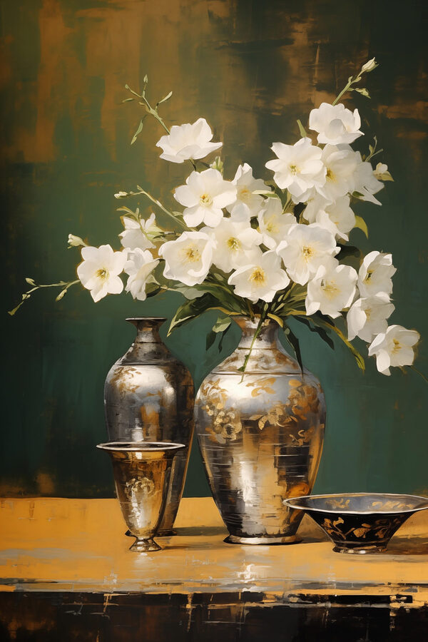 Vase avec fleurs blanches et bol Vase avec fleurs blanches et bol