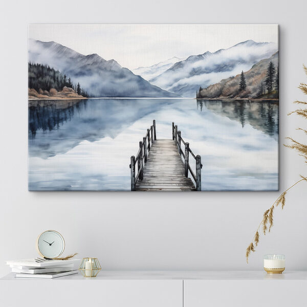 Aquarelle d'un quai sur un lac avec des montagnes en arrière-plan Aquarelle d'un quai sur un lac avec des montagnes en arrière-plan