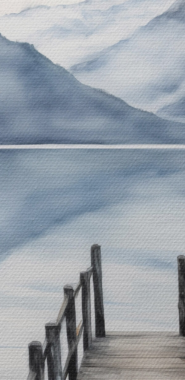 Aquarelle d'un quai sur un lac avec des montagnes en arrière-plan Aquarelle d'un quai sur un lac avec des montagnes en arrière-plan