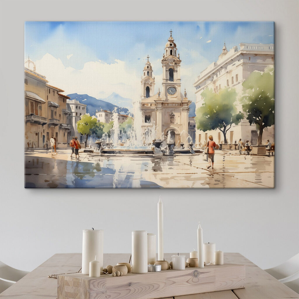 Watercolor of a building with a fountain in front of it Watercolor of a building with a fountain in front of it