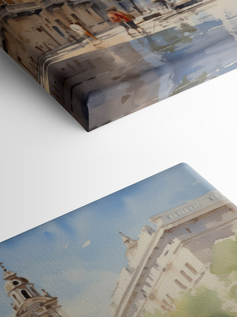 Watercolor of a building with a fountain in front of it Watercolor of a building with a fountain in front of it