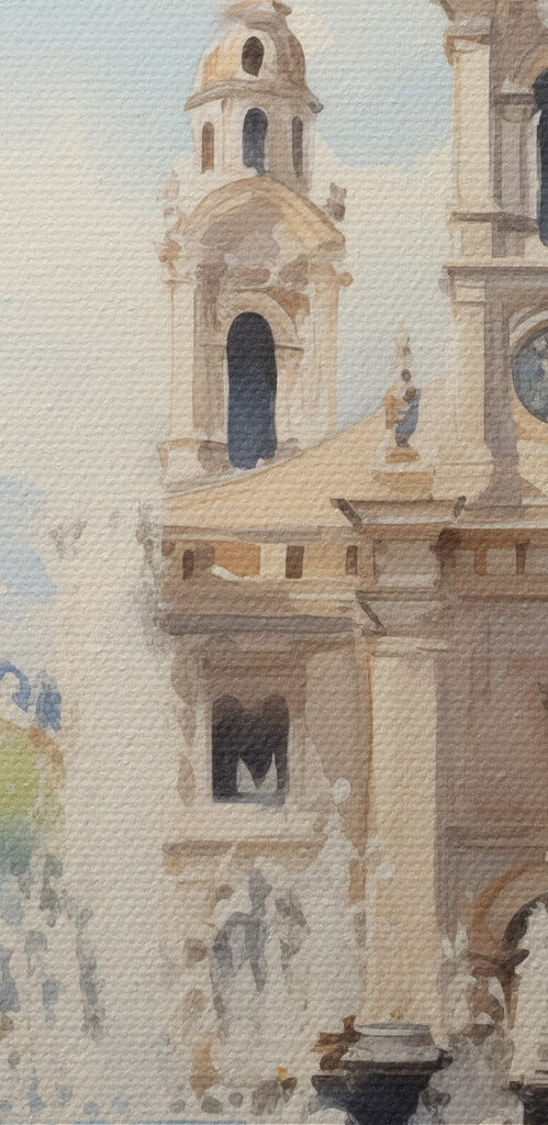 Watercolor of a building with a fountain in front of it Watercolor of a building with a fountain in front of it