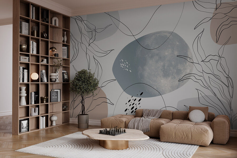 Lune et plantes sur fond blanc