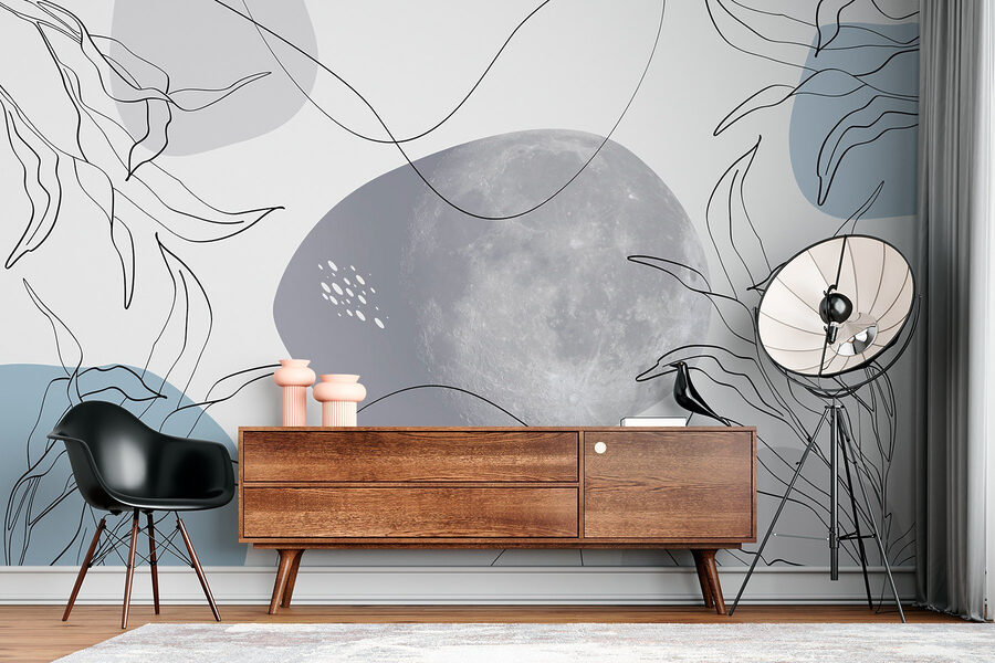 Lune et plantes sur fond blanc