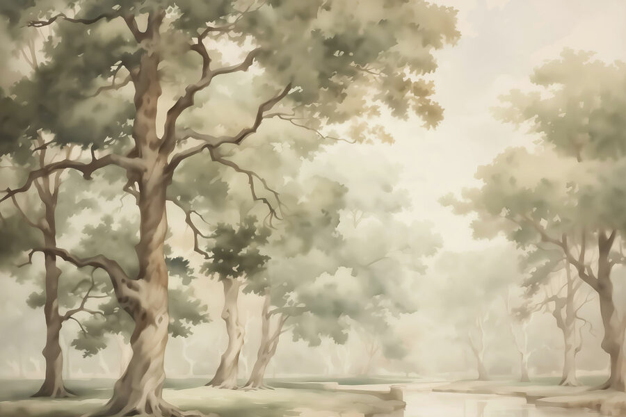 Aquarelle d'arbres et d'une rivière