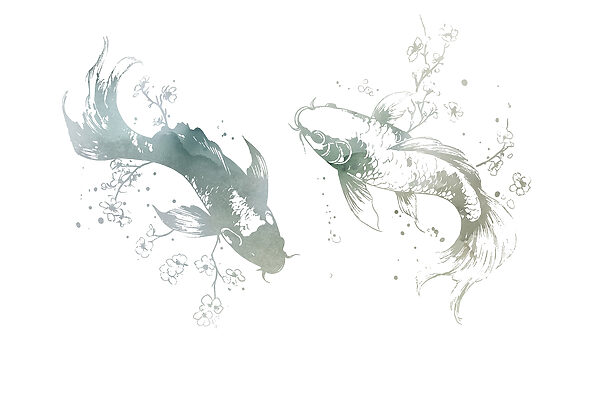 Deux poissons avec des fleurs et des feuilles Deux poissons avec des fleurs et des feuilles