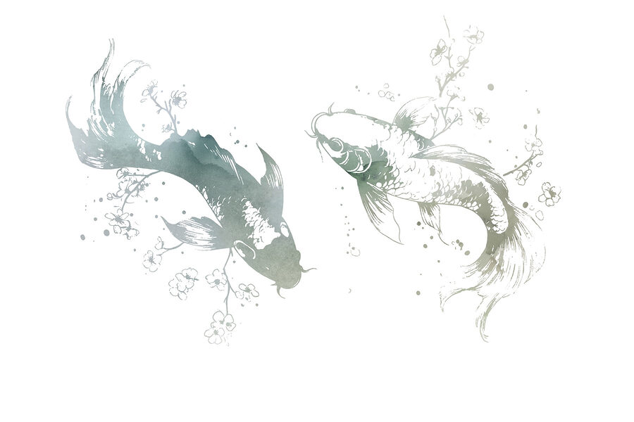 Deux poissons avec des fleurs et des feuilles