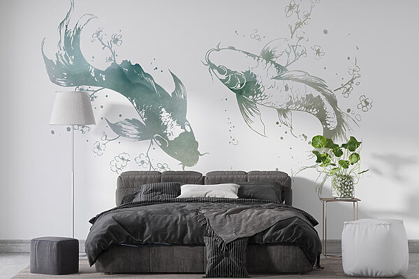 Deux poissons avec des fleurs et des feuilles Deux poissons avec des fleurs et des feuilles