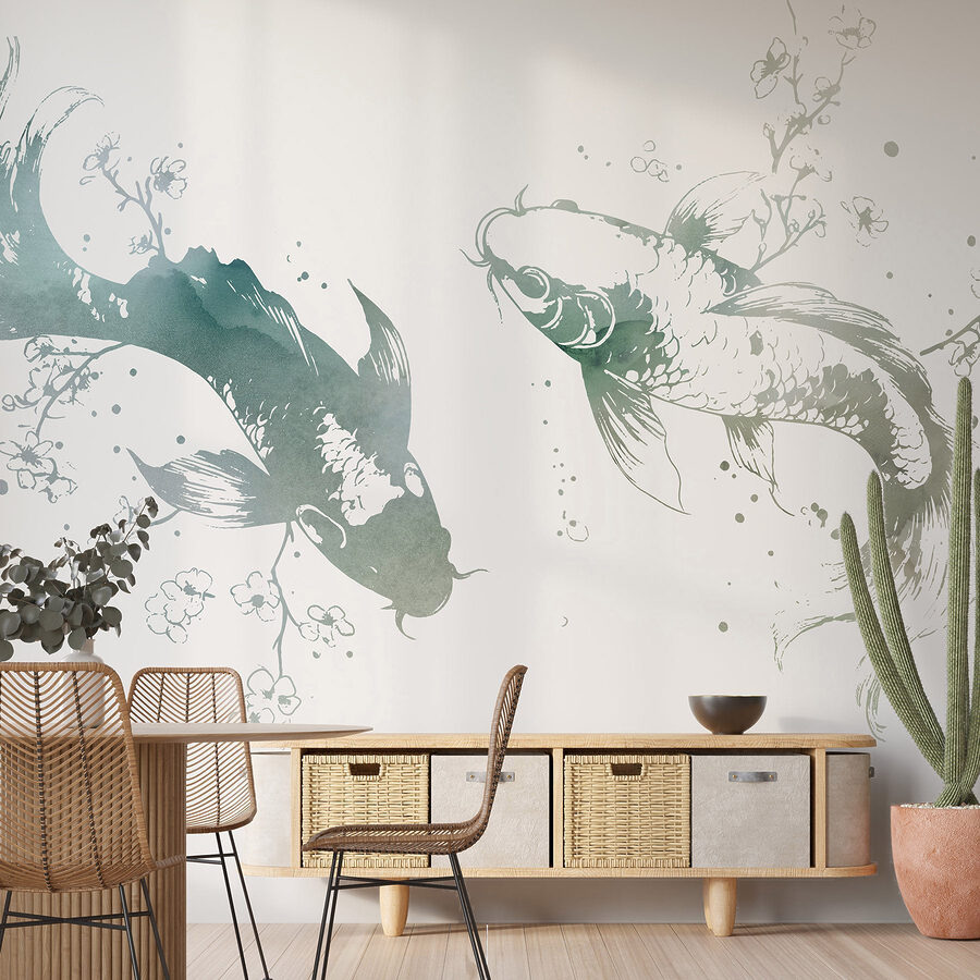 Deux poissons avec des fleurs et des feuilles