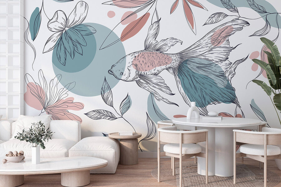 Poissons et plantes avec des cercles et des points