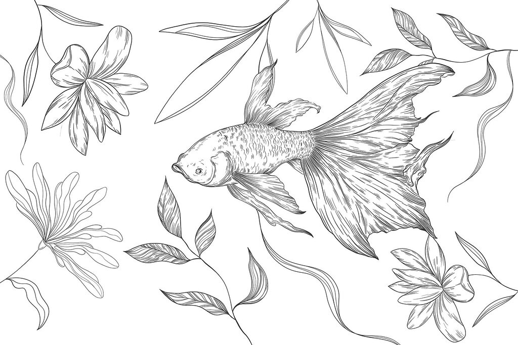 Dessin en noir et blanc d'un poisson et de plantes Dessin en noir et blanc d'un poisson et de plantes
