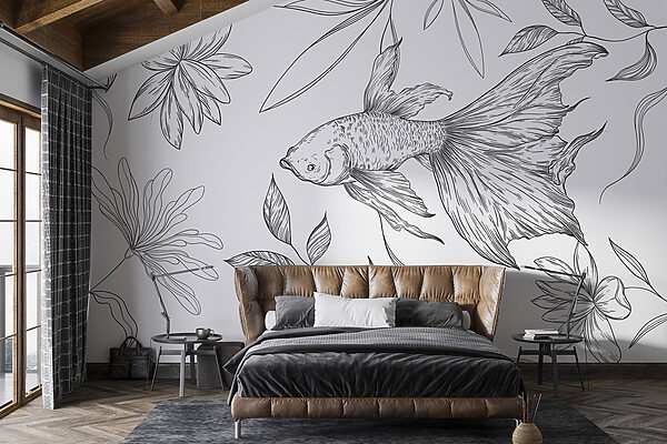 Dessin en noir et blanc d'un poisson et de plantes Dessin en noir et blanc d'un poisson et de plantes