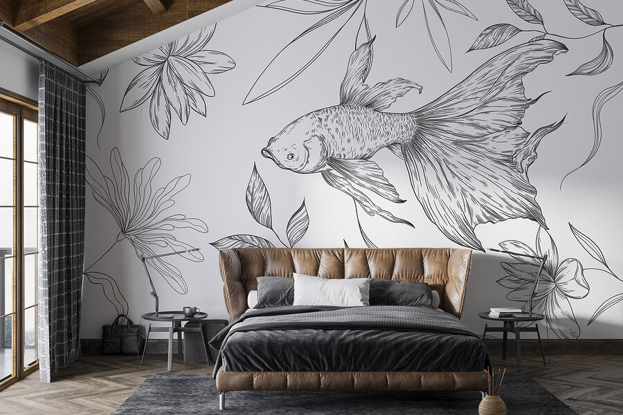 Dessin en noir et blanc d'un poisson et de plantes