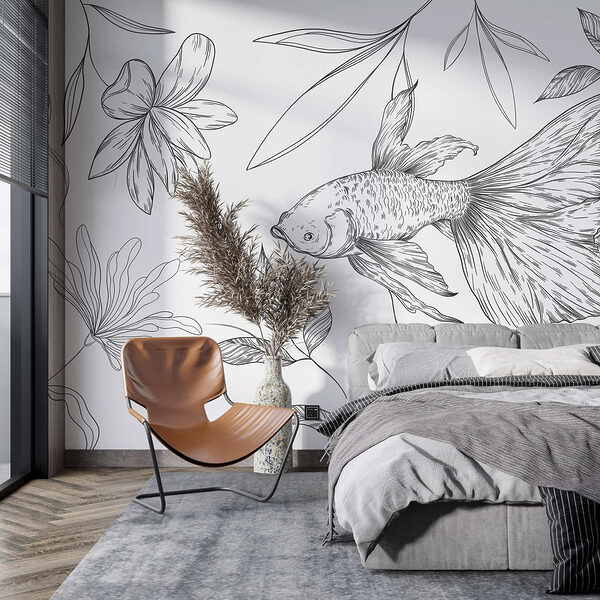 Dessin en noir et blanc d'un poisson et de plantes Dessin en noir et blanc d'un poisson et de plantes