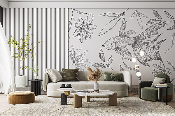 Dessin en noir et blanc d'un poisson et de plantes Dessin en noir et blanc d'un poisson et de plantes