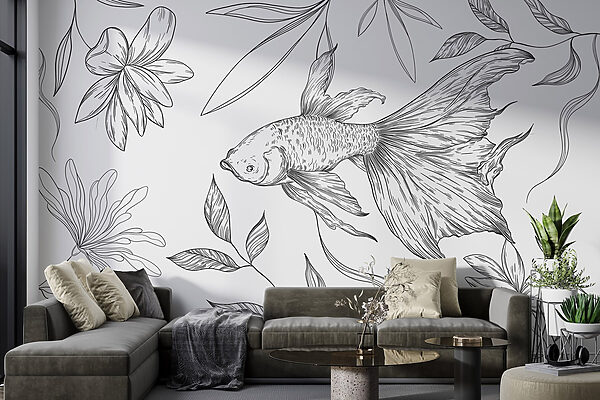 Dessin en noir et blanc d'un poisson et de plantes Dessin en noir et blanc d'un poisson et de plantes
