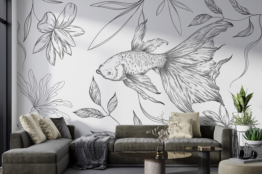 Dessin en noir et blanc d'un poisson et de plantes