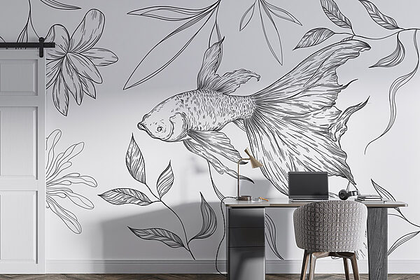 Dessin en noir et blanc d'un poisson et de plantes Dessin en noir et blanc d'un poisson et de plantes